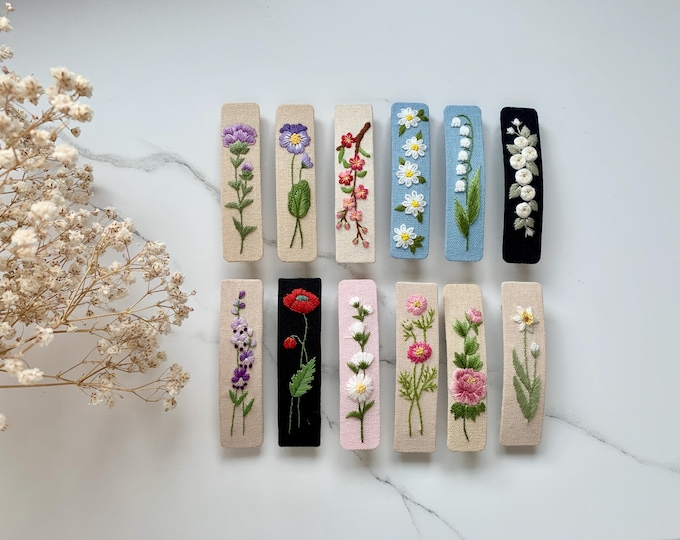 Hand-Embroidered Birth Month Flower Barrette: Floral Hair Clip