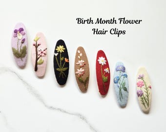HAIR CLIP Birth Month Hand Embroidered Linen | Oval Hair Clips | Cute Hair Clips | Meaningful Birthday Gift