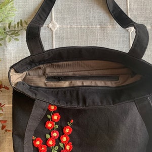 Black Red Roses Hand-Embroidered Canvas Tote Bag Bridesmaid Gift Bridal Shower Gift Birthday Gift Christmas Gift image 3