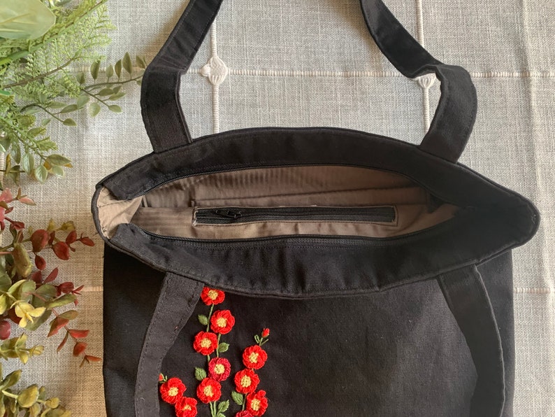 Black Red Roses Hand-Embroidered Canvas Tote Bag Bridesmaid Gift Bridal Shower Gift Birthday Gift Christmas Gift image 3