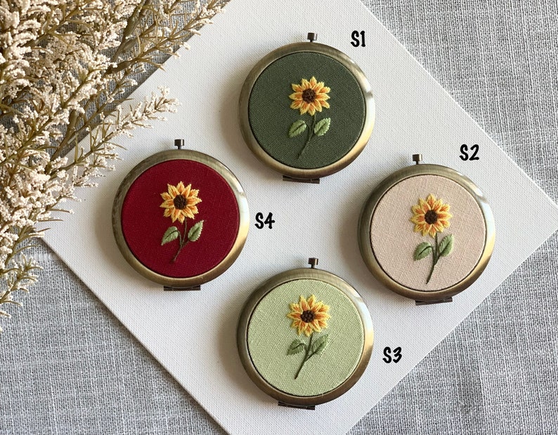 Floral Hand-Embroidered Pocket Mirror Compact Mirror Bridesmaid Gift Bridal Shower Gift Birthday Gift Wedding Gift Birthday Gift image 3