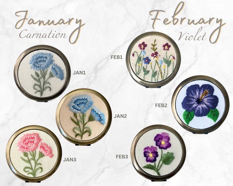 Birth Month Flower Hand-Embroidered Pocket Mirror Compact Mirror Portable Mirror Bridesmaid Gift Bridal Shower Gift Birthday Gift image 2