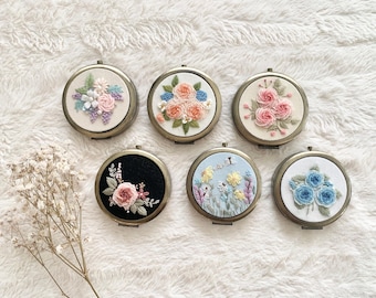 Floral Hand Embroidered Jewelry Box with Compact Mirror