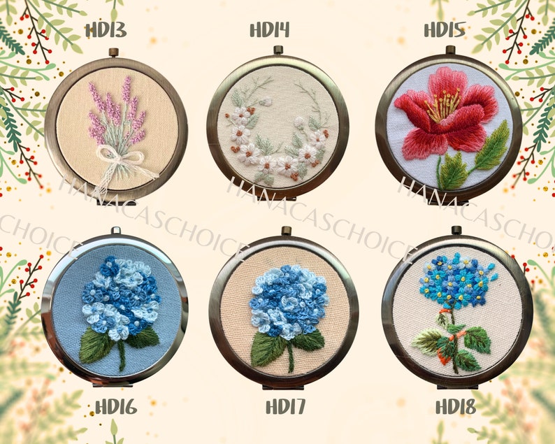 Wildflower Floral Hand-Embroidered Pocket Mirror Compact Mirror Portable Mirror Bridesmaid Gift Bridal Shower Gift Birthday Gift image 4