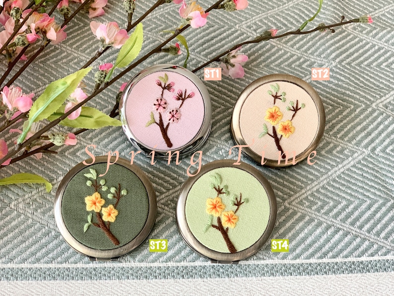 Floral Hand-Embroidered Pocket Mirror Compact Mirror Bridesmaid Gift Bridal Shower Gift Birthday Gift Christmas Gift image 2