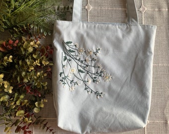 Baby Blue Floral Hand-Embroidered Canvas Tote Bag | Bridesmaid Gift | Bridal Shower Gift | Birthday Gift | Christmas Gift