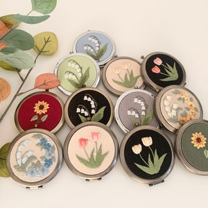 Floral Hand-Embroidered Pocket Mirror Compact Mirror Bridesmaid Gift Bridal Shower Gift Birthday Gift Wedding Gift Birthday Gift image 1