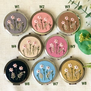 Floral Hand-Embroidered Pocket Mirror Compact Mirror Bridesmaid Gift Bridal Shower Gift Birthday Gift Christmas Gift image 6