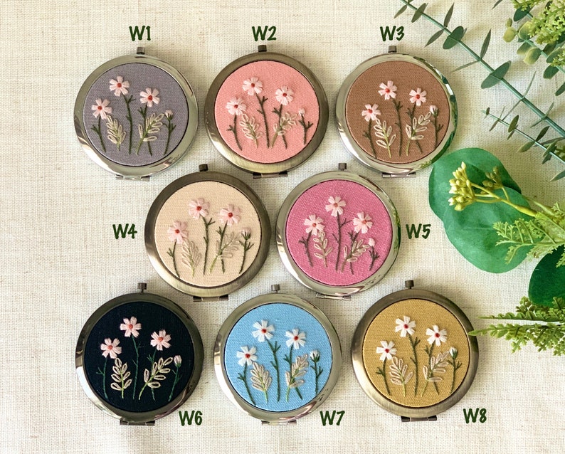 Floral Hand-Embroidered Pocket Mirror Compact Mirror Bridesmaid Gift Bridal Shower Gift Birthday Gift Christmas Gift image 6