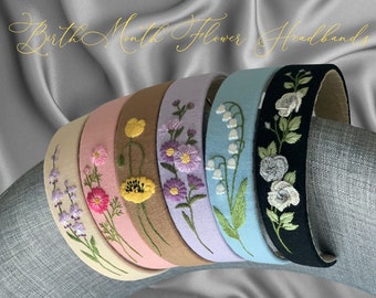Hand Embroidered Linen Headband: Birth Month Flowers
