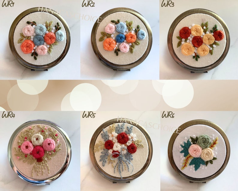 Exquisite Floral Hand-Embroidered Pocket Mirror Compact Mirror Portable Mirror Bridesmaid Gift Bridal Shower Gift Birthday Gift image 7