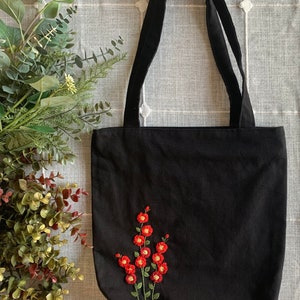 Black Red Roses Hand-Embroidered Canvas Tote Bag Bridesmaid Gift Bridal Shower Gift Birthday Gift Christmas Gift image 2