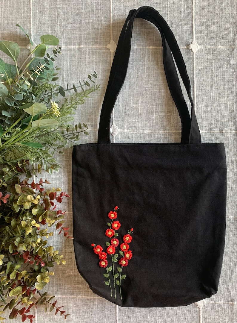 Black Red Roses Hand-Embroidered Canvas Tote Bag Bridesmaid Gift Bridal Shower Gift Birthday Gift Christmas Gift image 2