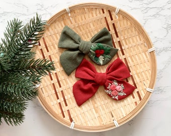Hand-Embroidered Christmas Linen Bow Set: Red & Green Holiday Hair Clip or Headband