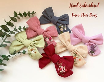 Hand-Embroidered Linen Hair Bows | Cute Hair Bows for Baby and Girls | Handmade Hair Bows | Christmas Hair Bows