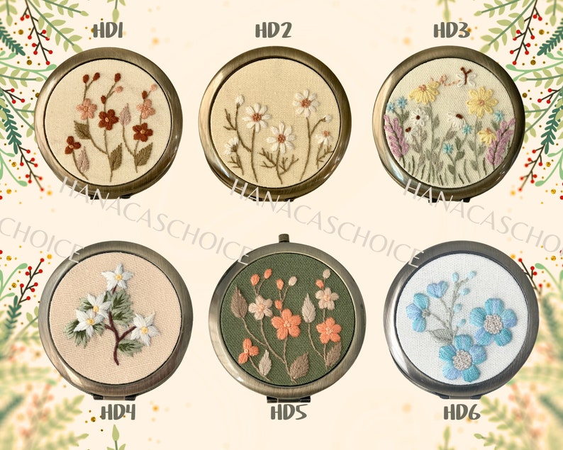 Wildflower Floral Hand-Embroidered Pocket Mirror Compact Mirror Portable Mirror Bridesmaid Gift Bridal Shower Gift Birthday Gift image 2