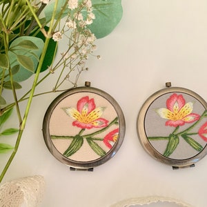 Exquisite Floral Hand-Embroidered Pocket Mirror Compact Mirror Portable Mirror Bridesmaid Gift Bridal Shower Gift Birthday Gift image 4