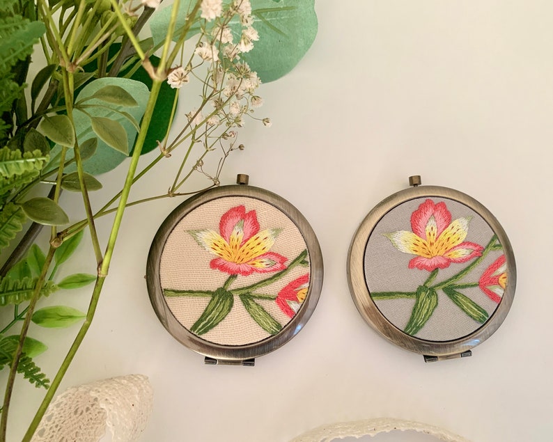 Exquisite Floral Hand-Embroidered Pocket Mirror Compact Mirror Portable Mirror Bridesmaid Gift Bridal Shower Gift Birthday Gift image 4