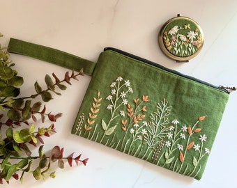 Green Floral Hand-Embroidered Clutch and Pocket Mirror | Bridesmaid Gift | Bridal Shower Gift | Birthday Gift | Christmas Gift
