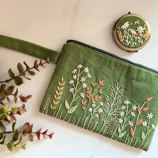 Green Floral Hand-Embroidered Clutch and Pocket Mirror | Bridesmaid Gift | Bridal Shower Gift | Birthday Gift | Christmas Gift