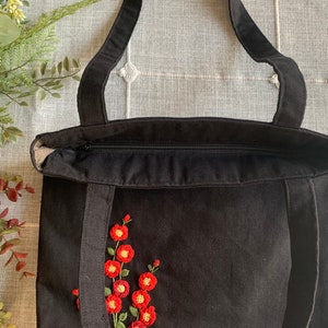 Black Red Roses Hand-Embroidered Canvas Tote Bag Bridesmaid Gift Bridal Shower Gift Birthday Gift Christmas Gift image 4