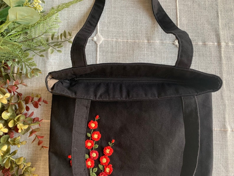 Black Red Roses Hand-Embroidered Canvas Tote Bag Bridesmaid Gift Bridal Shower Gift Birthday Gift Christmas Gift image 4