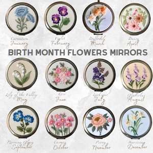 Birth Month Flower Hand-Embroidered Pocket Mirror Compact Mirror Portable Mirror Bridesmaid Gift Bridal Shower Gift Birthday Gift image 1