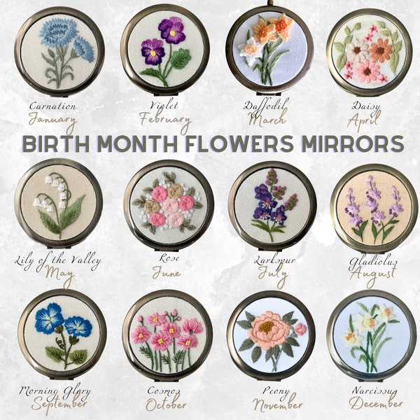 Birth Month Flower Hand-Embroidered Pocket Mirror | Compact Mirror | Portable Mirror | Bridesmaid Gift | Bridal Shower Gift | Birthday Gift