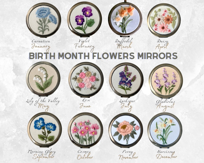 Birth Month Flower Hand-Embroidered Pocket Mirror Compact Mirror Portable Mirror Bridesmaid Gift Bridal Shower Gift Birthday Gift image 1