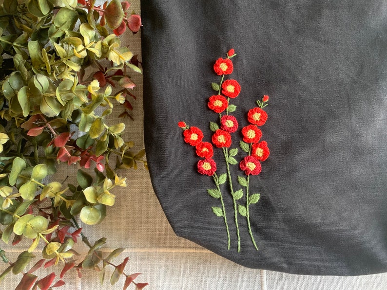 Black Red Roses Hand-Embroidered Canvas Tote Bag Bridesmaid Gift Bridal Shower Gift Birthday Gift Christmas Gift image 5