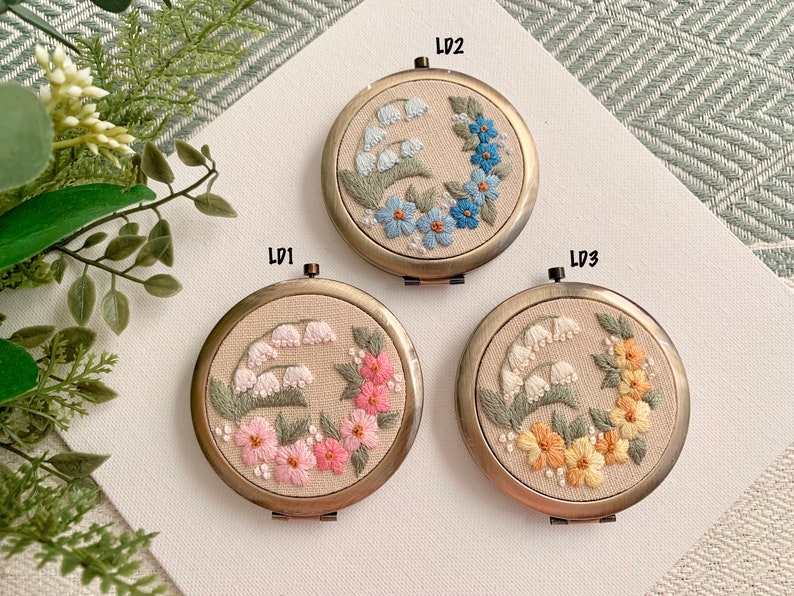 Floral Hand-Embroidered Pocket Mirror Compact Mirror Bridesmaid Gift Bridal Shower Gift Birthday Gift Wedding Gift Birthday Gift image 2