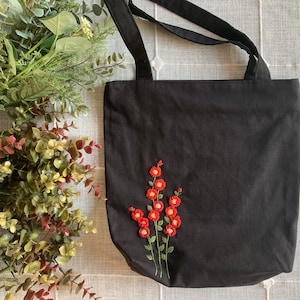 Black Red Roses Hand-Embroidered Canvas Tote Bag Bridesmaid Gift Bridal Shower Gift Birthday Gift Christmas Gift image 1