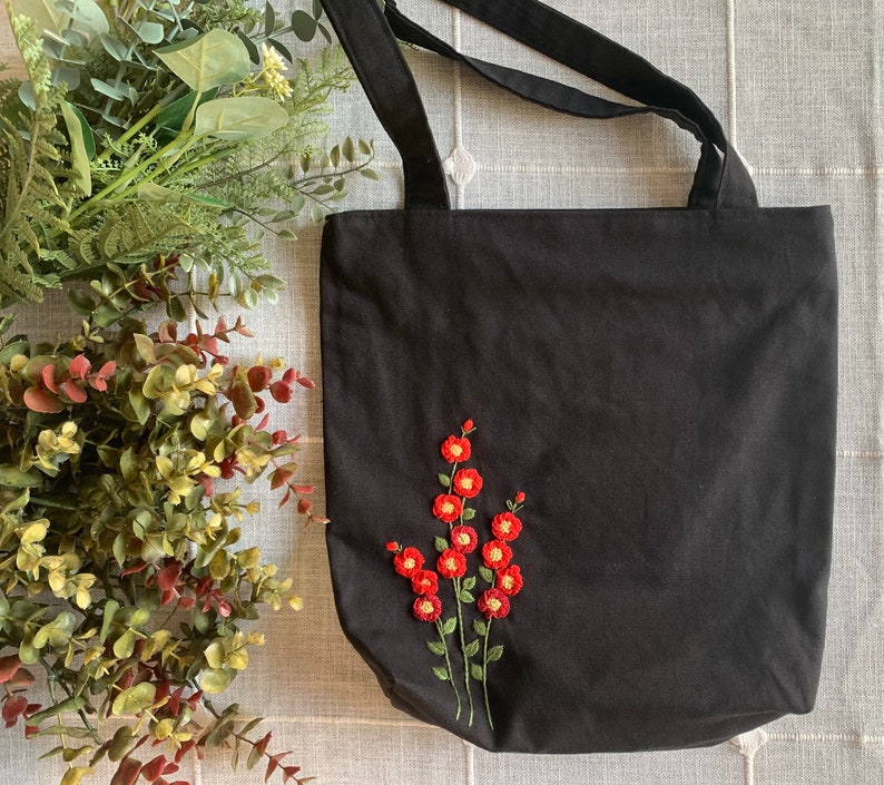 Black Red Roses Hand-Embroidered Canvas Tote Bag Bridesmaid Gift Bridal Shower Gift Birthday Gift Christmas Gift image 1