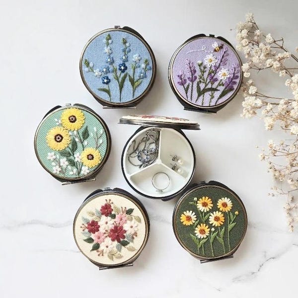 Hand Embroidered Floral Linen Jewelry Box with Mirror - Travel Ring Case