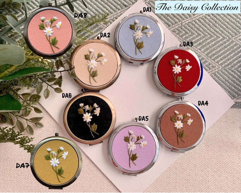 Floral Hand-Embroidered Pocket Mirror Compact Mirror Bridesmaid Gift Bridal Shower Gift Birthday Gift Christmas Gift image 9