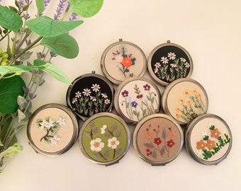 Wildflower Floral Hand-Embroidered Pocket Mirror | Compact Mirror | Portable Mirror | Bridesmaid Gift | Bridal Shower Gift | Birthday Gift