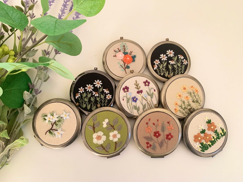 Wildflower Floral Hand-Embroidered Pocket Mirror Compact Mirror Portable Mirror Bridesmaid Gift Bridal Shower Gift Birthday Gift image 1