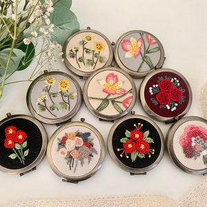 Exquisite Floral Hand-Embroidered Pocket Mirror Compact Mirror Portable Mirror Bridesmaid Gift Bridal Shower Gift Birthday Gift image 1
