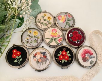 Exquisite Floral Hand-Embroidered Pocket Mirror | Compact Mirror | Portable Mirror | Bridesmaid Gift | Bridal Shower Gift | Birthday Gift