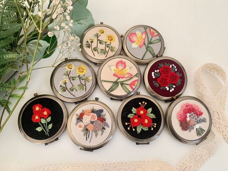 Exquisite Floral Hand-Embroidered Pocket Mirror Compact Mirror Portable Mirror Bridesmaid Gift Bridal Shower Gift Birthday Gift image 1