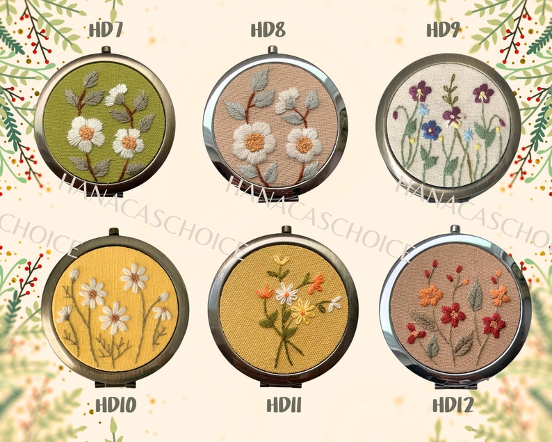 Wildflower Floral Hand-Embroidered Pocket Mirror Compact Mirror Portable Mirror Bridesmaid Gift Bridal Shower Gift Birthday Gift image 3