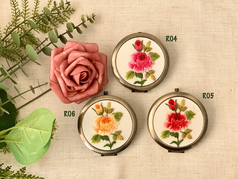 Exquisite Floral Hand-Embroidered Pocket Mirror Compact Mirror Portable Mirror Bridesmaid Gift Bridal Shower Gift Birthday Gift image 5