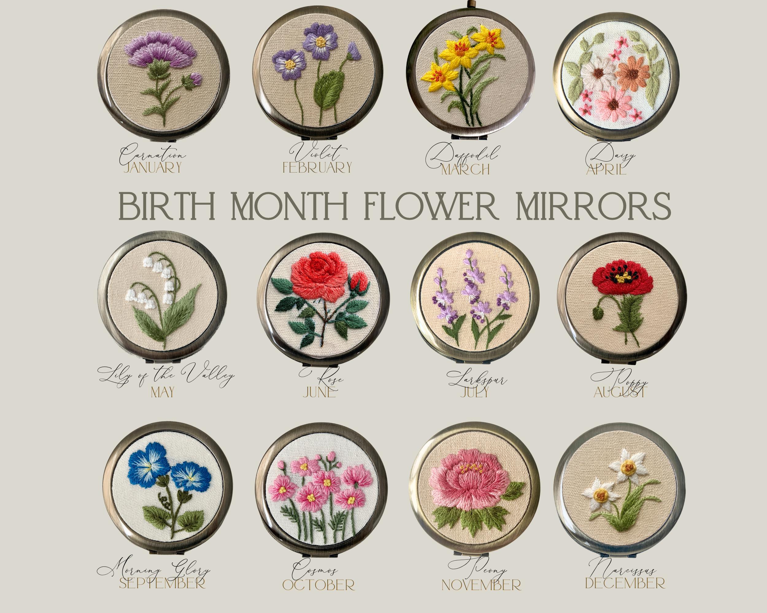 Hand-Embroidered Birth Month Flower Pocket Mirror: Linen Compact with 2x Magnification