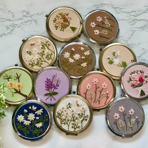 Floral Hand-Embroidered Pocket Mirror | Compact Mirror | Bridesmaid Gift | Bridal Shower Gift | Birthday Gift | Back to School Gift