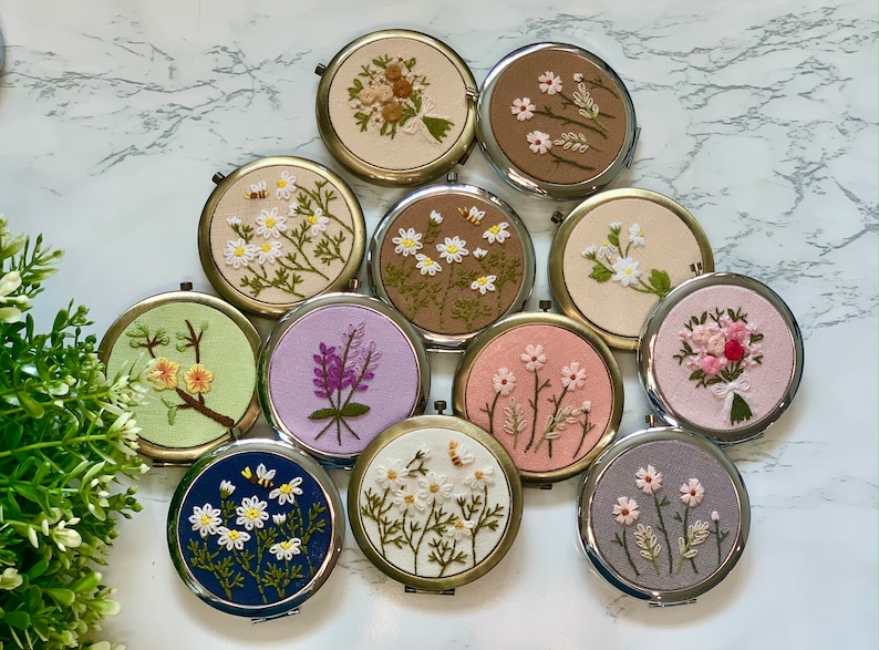 Floral Hand-Embroidered Pocket Mirror Compact Mirror Bridesmaid Gift Bridal Shower Gift Birthday Gift Christmas Gift image 1