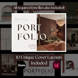 Op de afbeelding: Een portfolio-sjabloon met de titel "PORTFOLIO" in grote, vette letters. De afbeelding bevat de tekst "Interior Design" en "Olivia Wilson SELECTED WORK 2023-2026". De afbeelding bevat ook de tekst "10 Unique Cover Layouts Included" en de Canva- en Id-logo's.