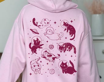 Chats dans l'espace à capuche | Sweat-shirt drôle de chat | Sweat à capuche oversize | rétro vintage graphique esthétique | Cadeau pour amoureux des chats | Sweat à capuche chat