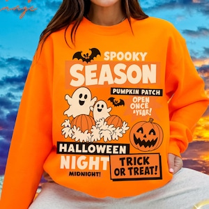 Felpa retrò di Halloween / Maglione fantasma pipistrello per la stagione spettrale / Maglione girocollo vintage con zucche / Pullover autunnale preppy / Outfit per il raccolto