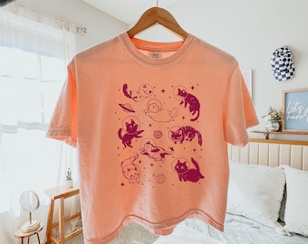 Celestial Cats in Space Comfort Colors Shirt: Boxy Crop Tee, Cat lover Tshirt, Funny womens shirt