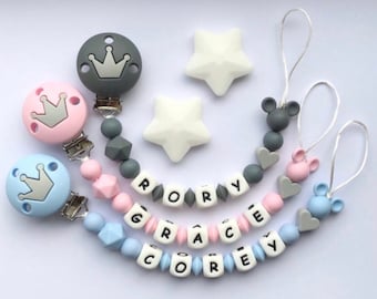 Personalised dummy clip, Silicone dummy clip, Dummy clip, Baby boy pacifier clip, Pacifier holder, Baby shower gift, Crown clip, Light blue